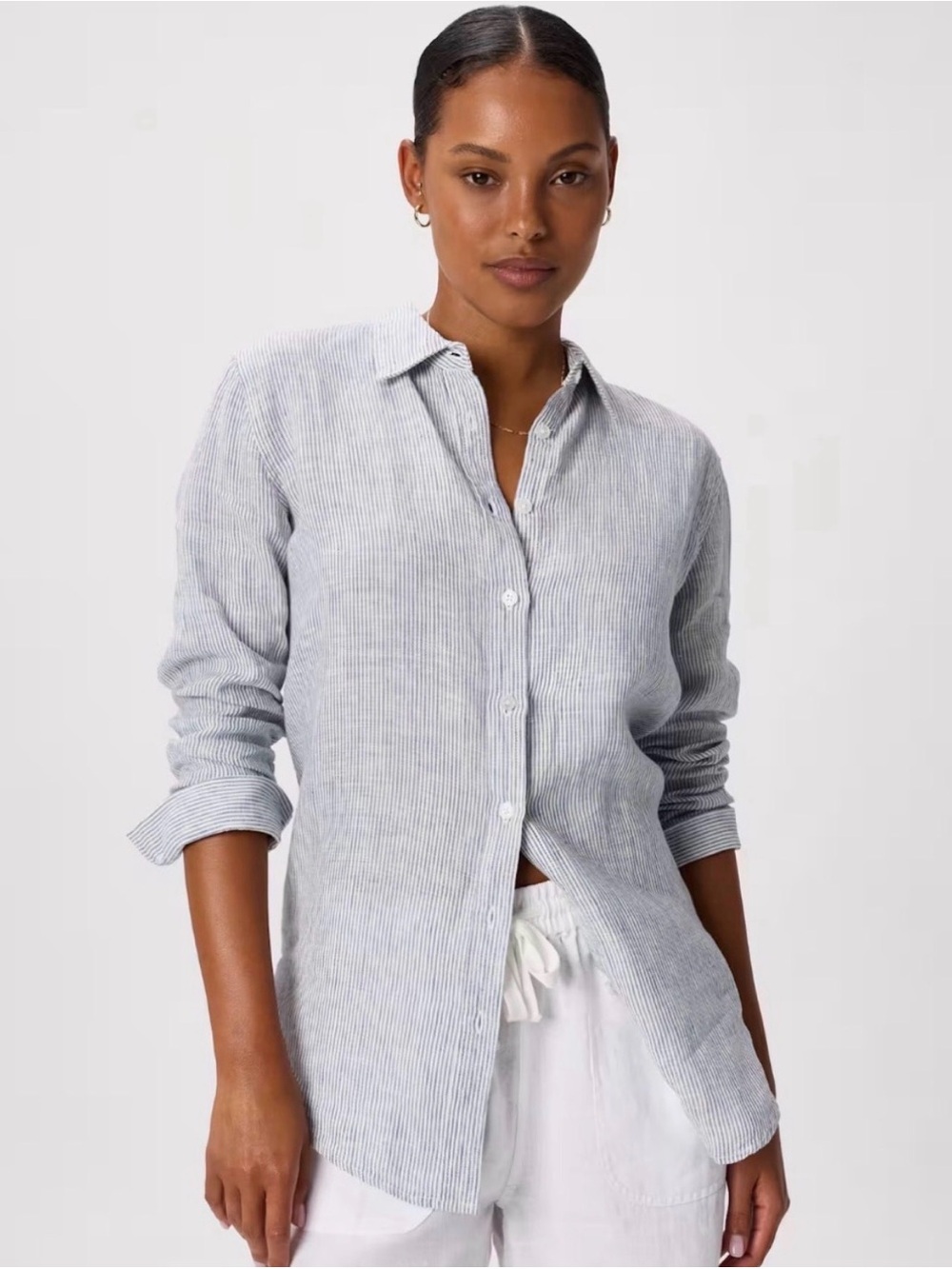 Quince European Linen Women's Classic Button-Down Shirt Striped Blue White Large